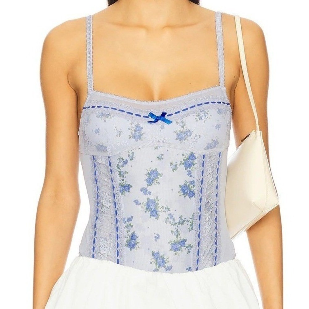 NWT Free People Intimate Floral Mesh Lace Bodysuit Blue Combo Size M
